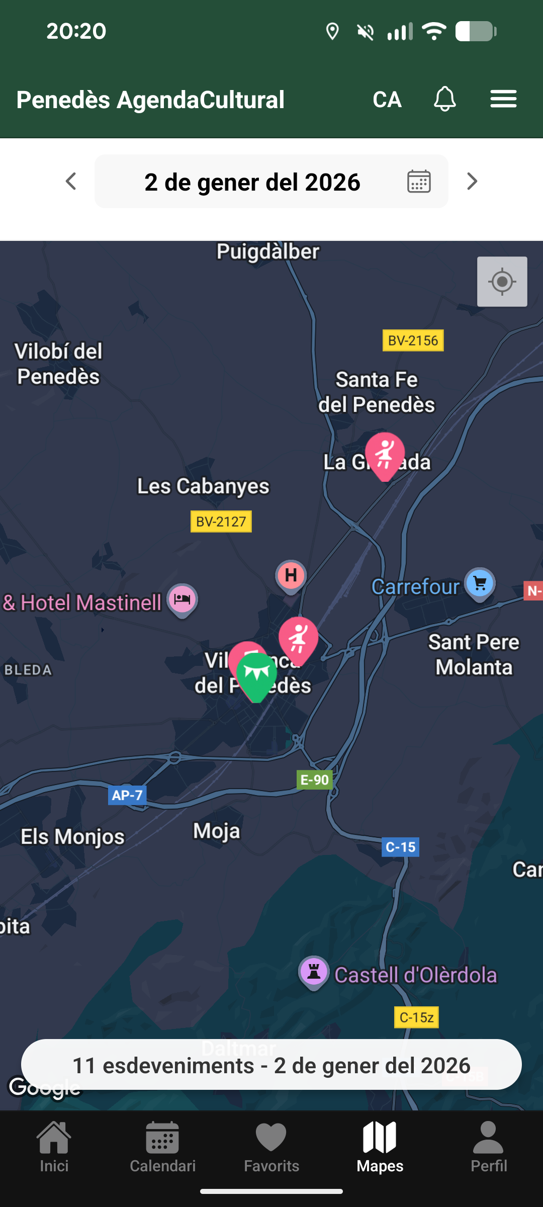 Mapa amb ubicacions d'esdeveniments